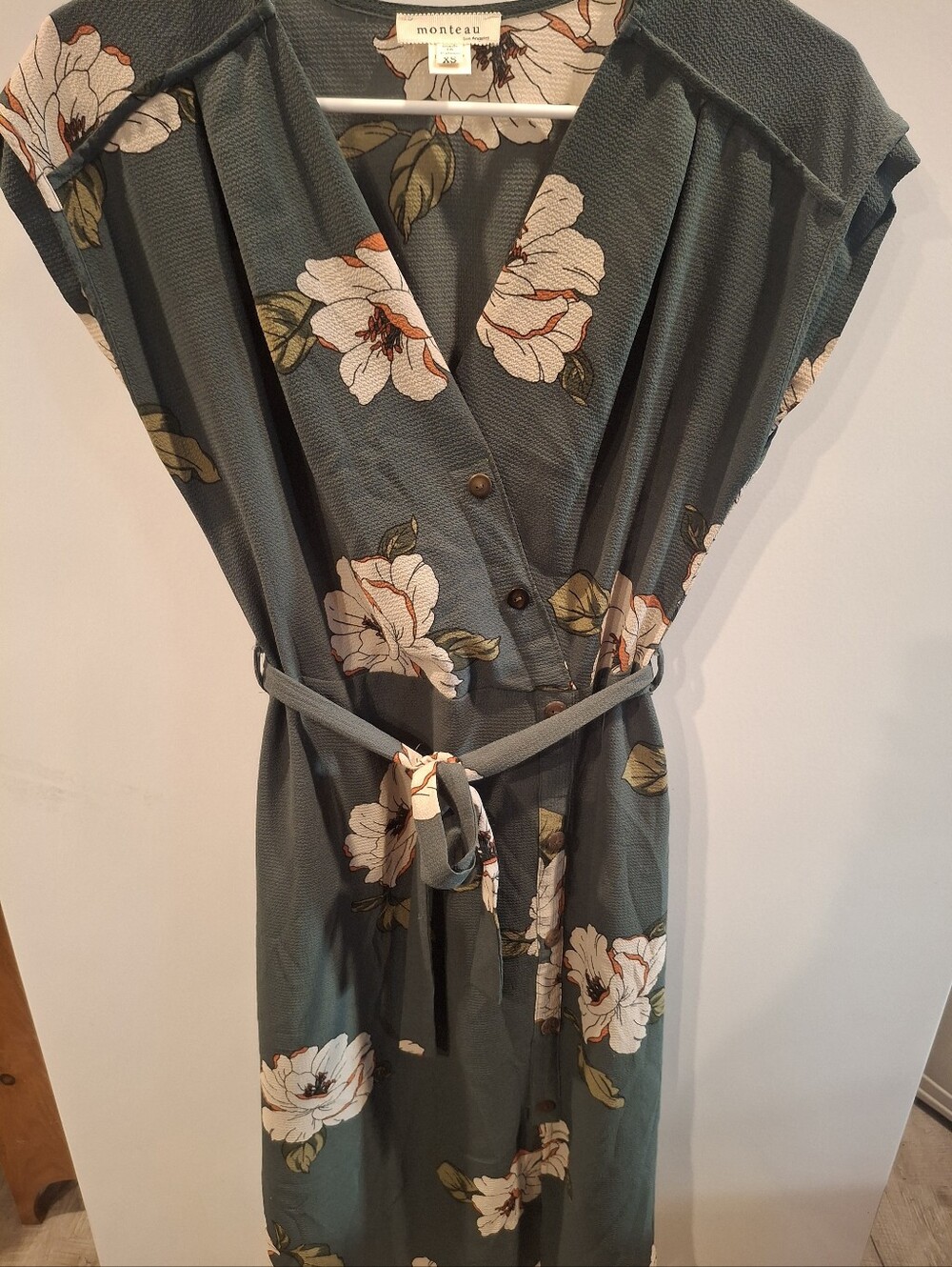 Monteau Olive Green Floral Wrap Midi Dress